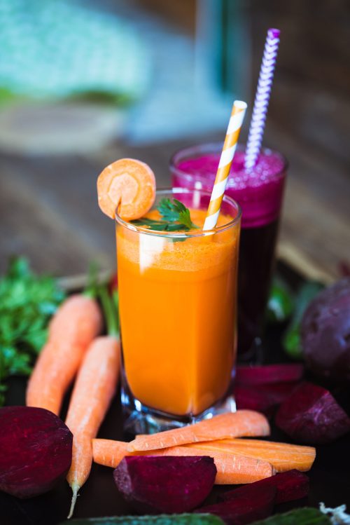 Freshly Made Vegetable Juices, Carrot, Beet. Vegetarian food. Healthy life.